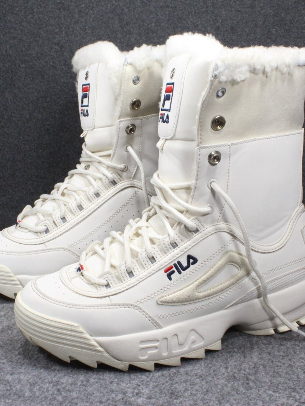 Fila Disruptor Boot Fur Off White Ivory Lace Up Below Knee Womens Size 10